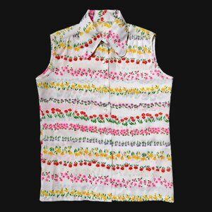 70s vintage sleeveless flower blouse buttonup curved collar garden floral print.